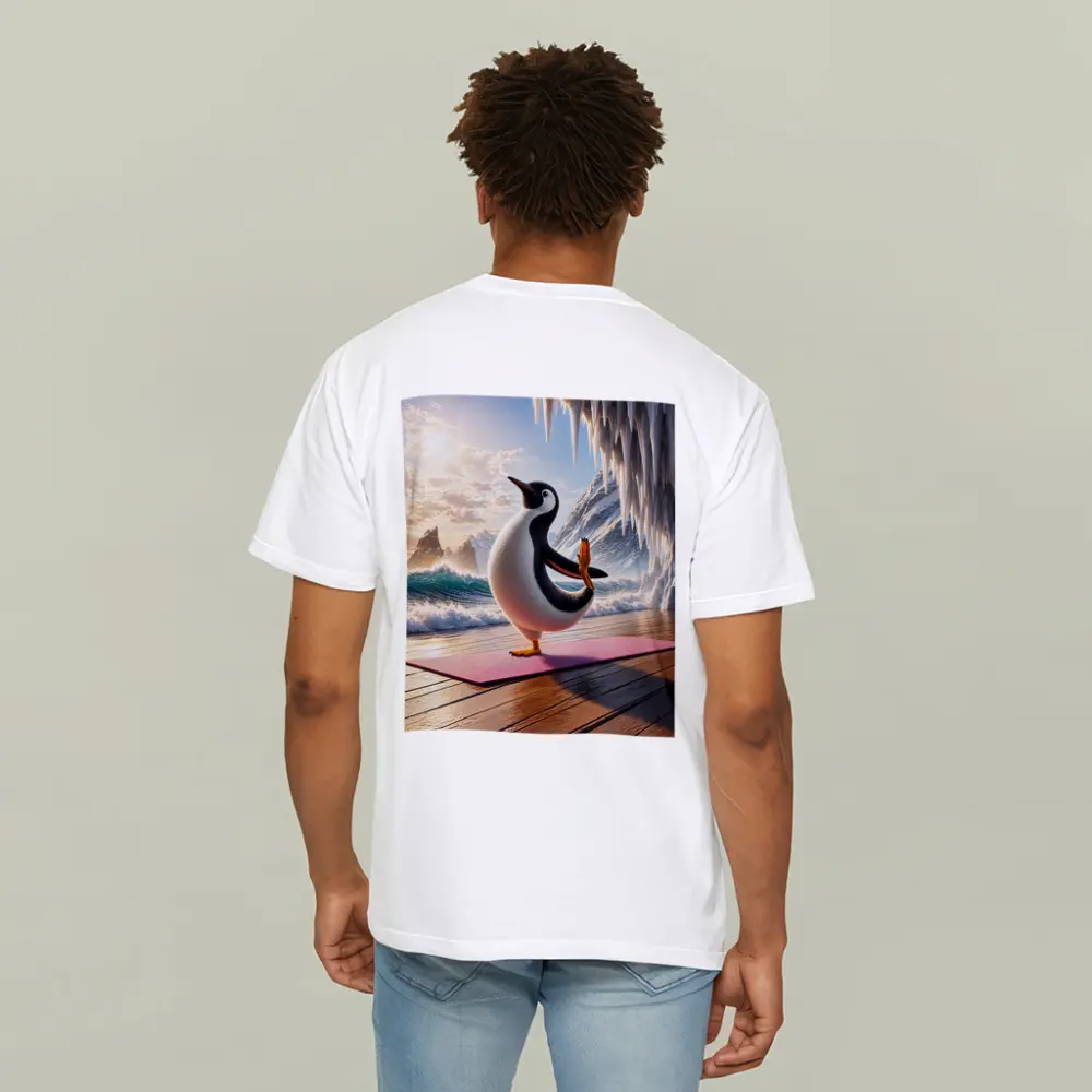 Penguin Yoga Pose On Icy Ocean Shore – T-Shirts