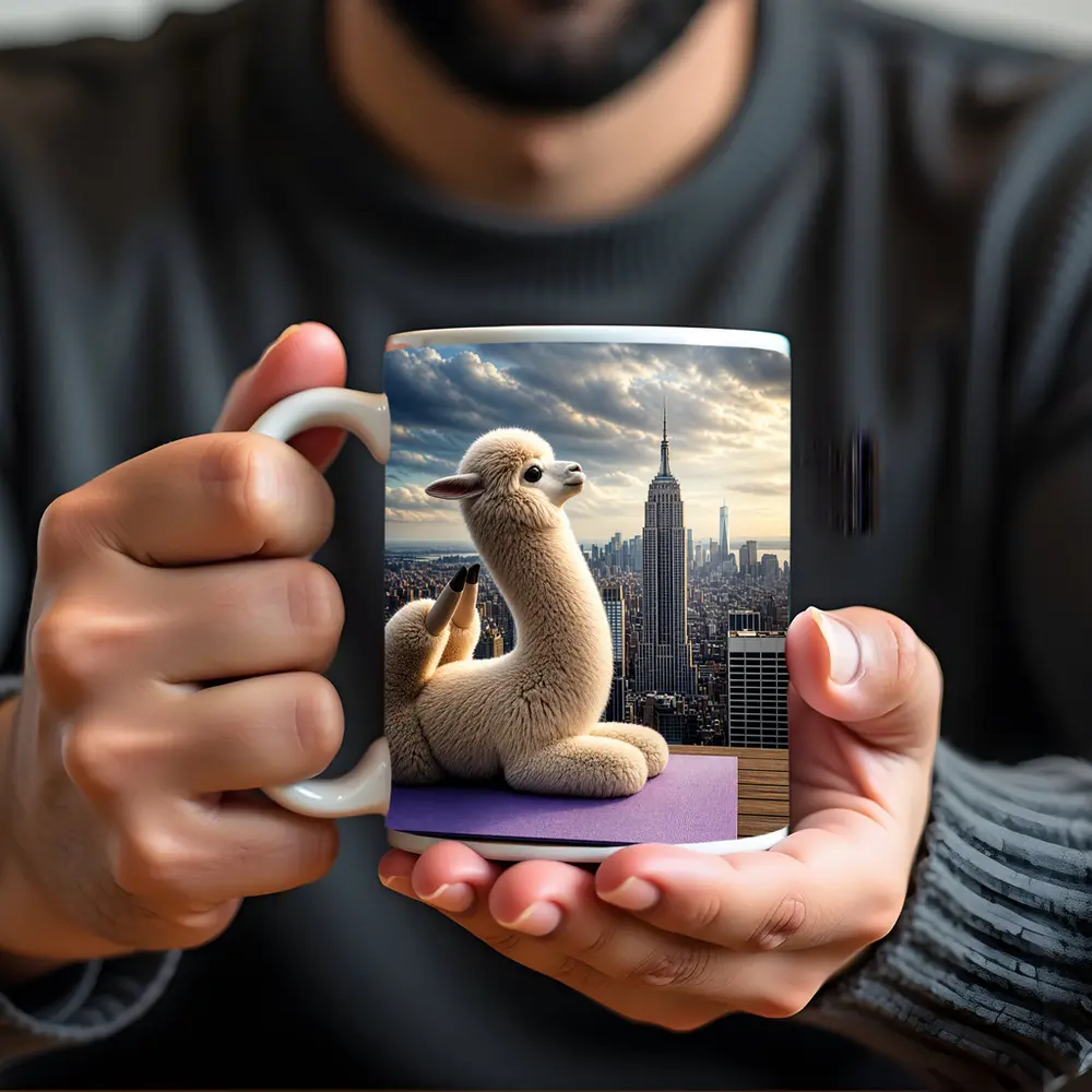 Alpaca Doing Yoga New York Skyline – Mugs