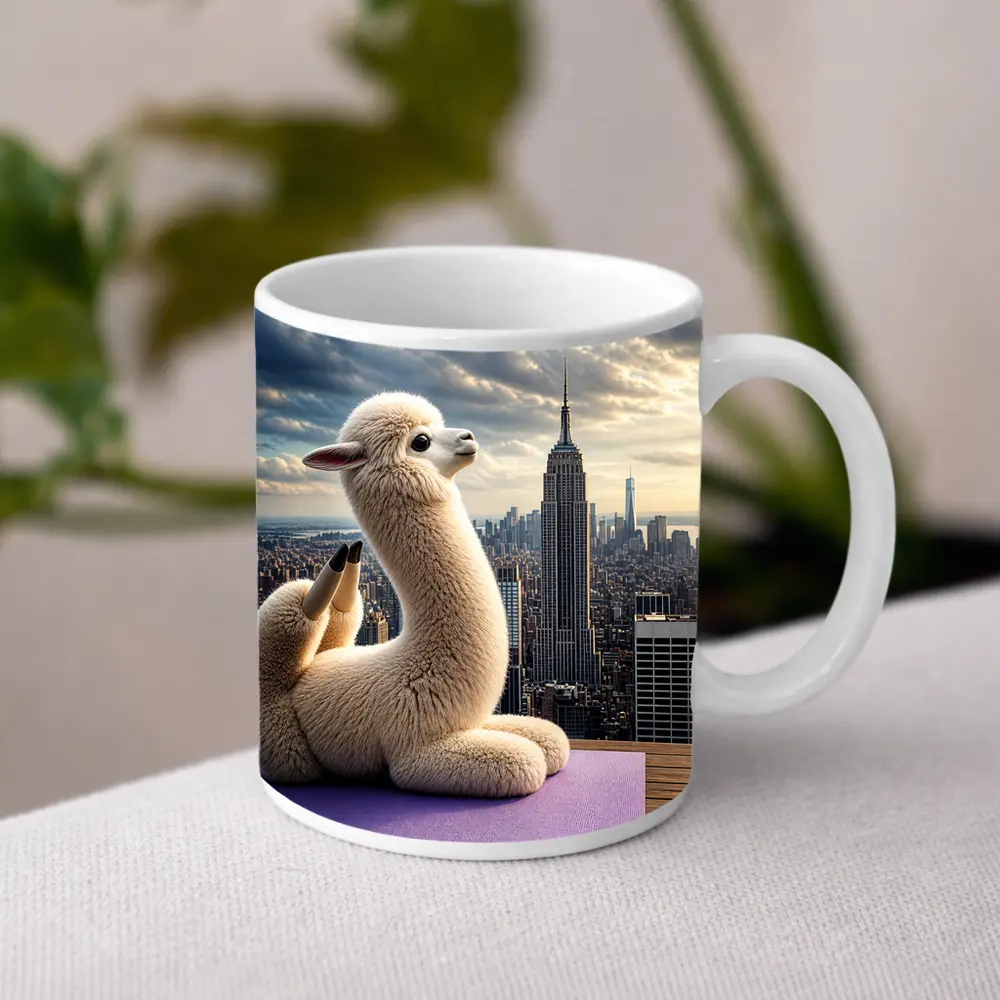 Alpaca Doing Yoga New York Skyline – Mugs