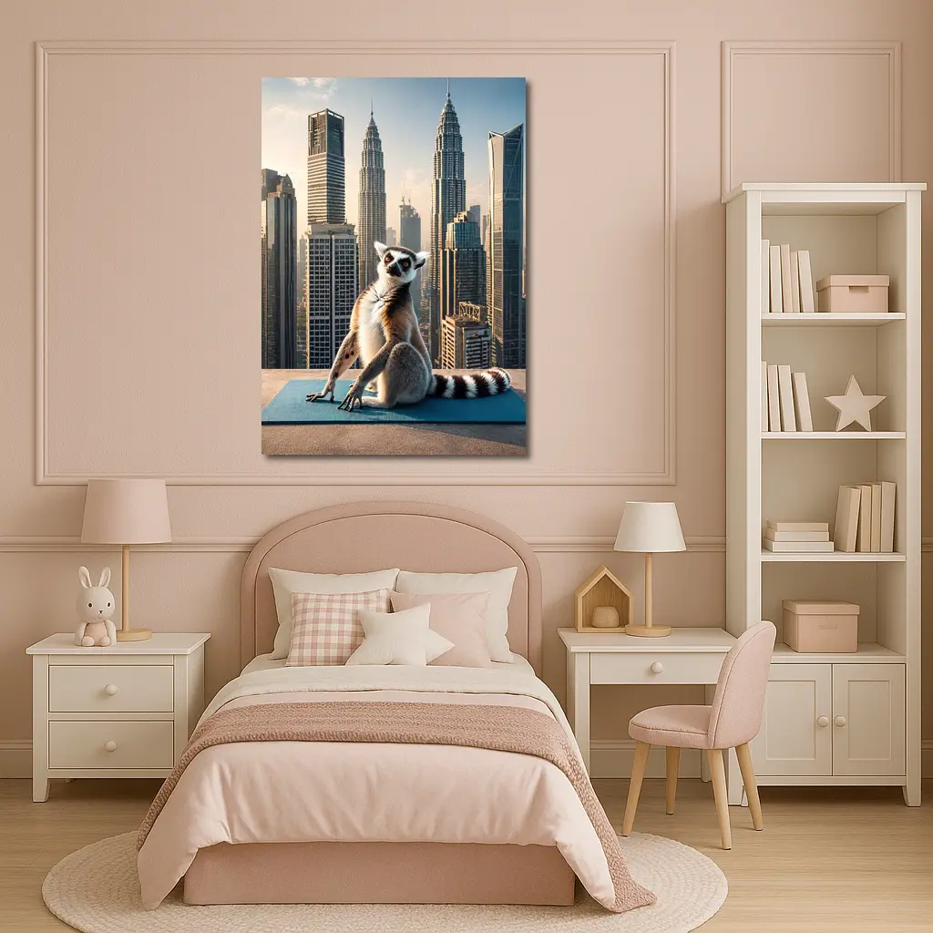 Ring Tailed Lemur Yoga City Skyline – Wall Art