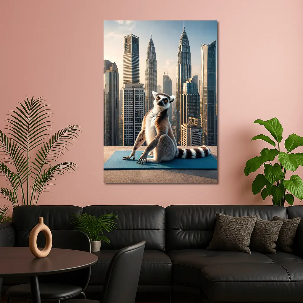 Ring Tailed Lemur Yoga City Skyline – Wall Art