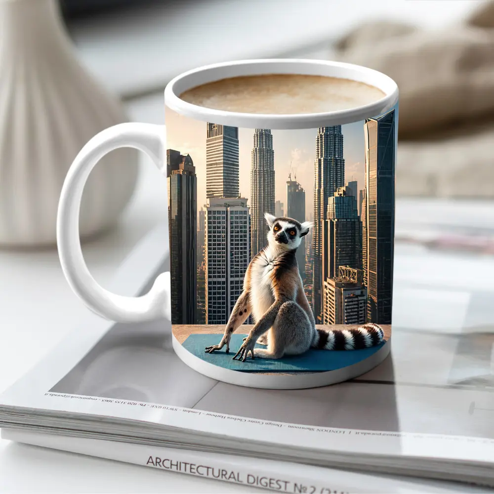 Ring Tailed Lemur Yoga City Skyline – Mugs