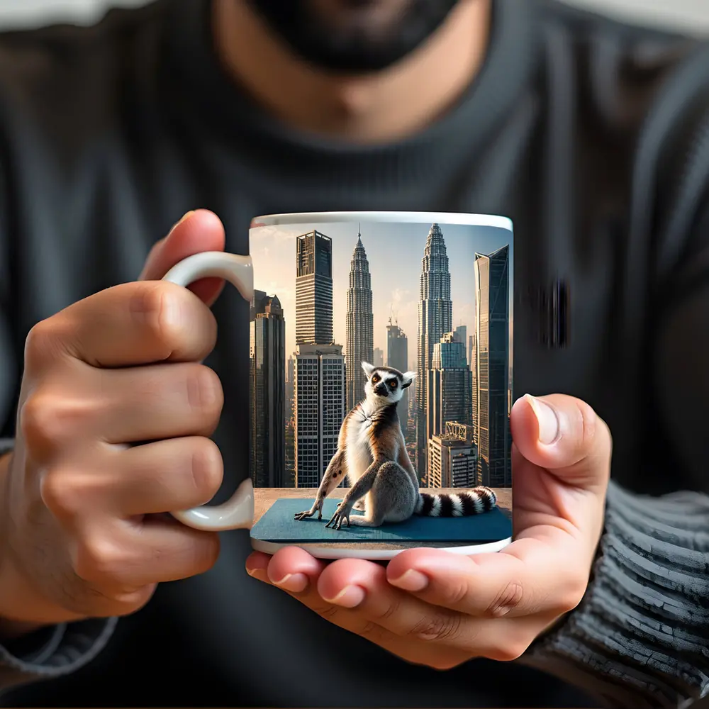 Ring Tailed Lemur Yoga City Skyline – Mugs