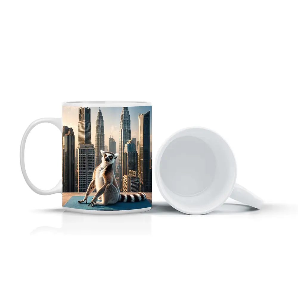 Ring Tailed Lemur Yoga City Skyline – Mugs