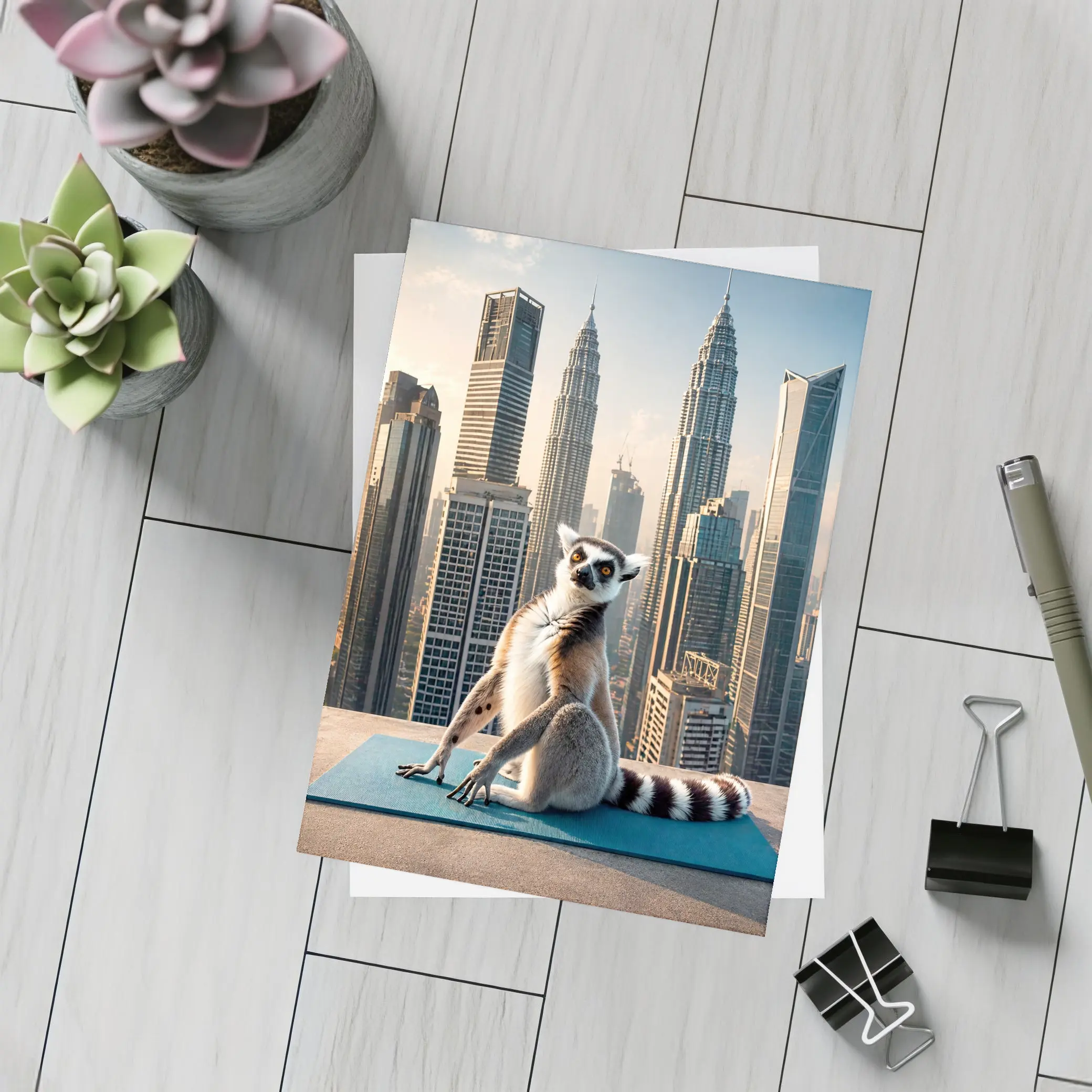 Ring Tailed Lemur Yoga City Skyline – Postcards