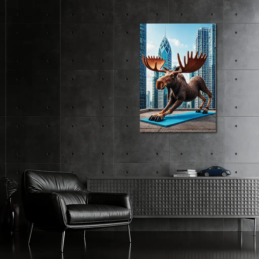 Moose Doing Yoga City Skyscraper Background – Wall Art