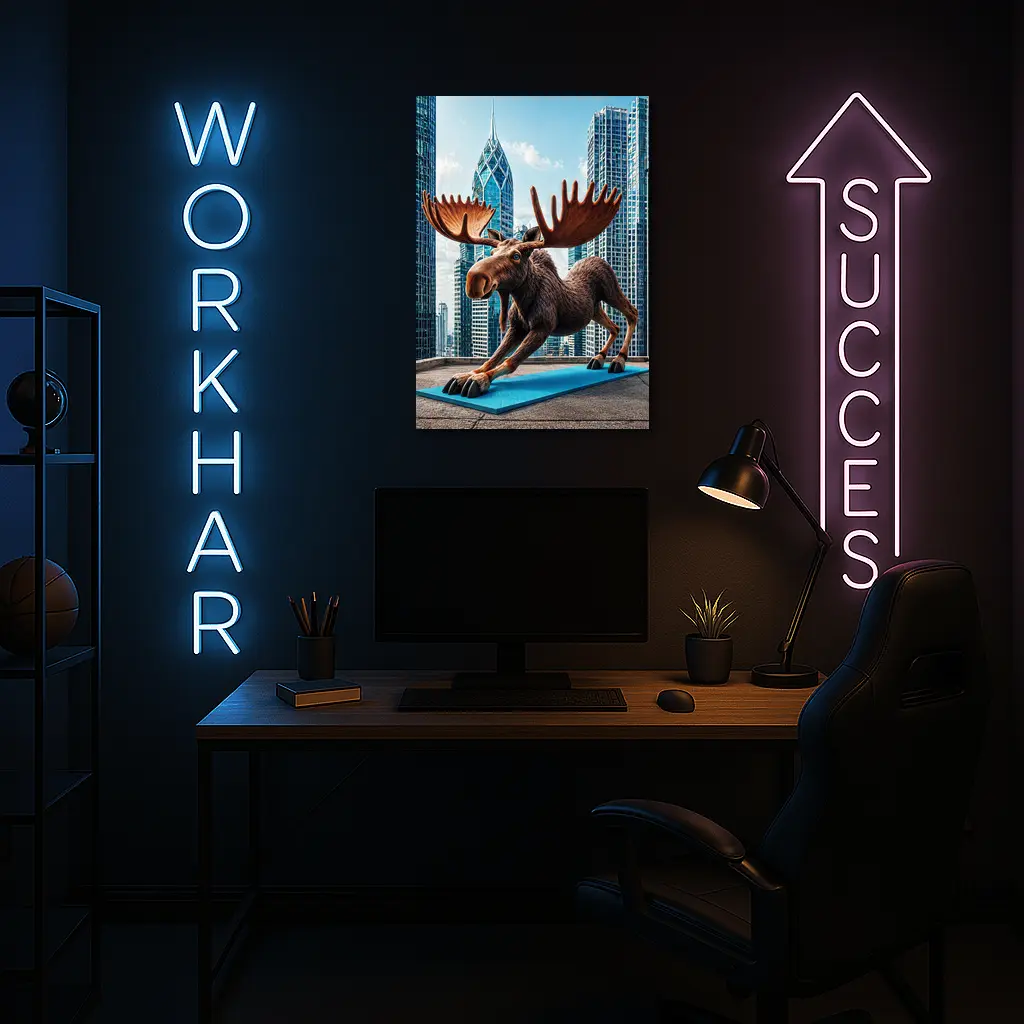 Moose Doing Yoga City Skyscraper Background – Wall Art