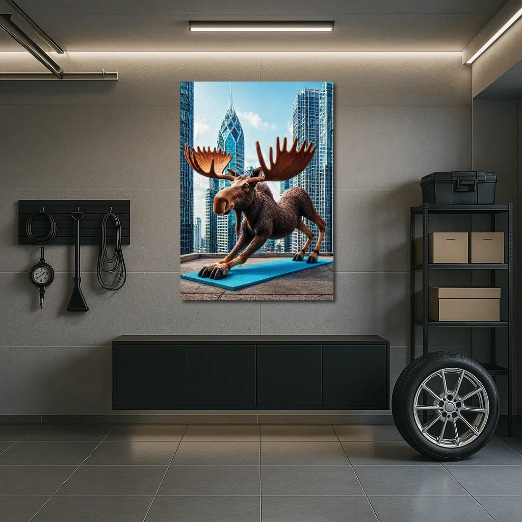 Moose Doing Yoga City Skyscraper Background – Wall Art