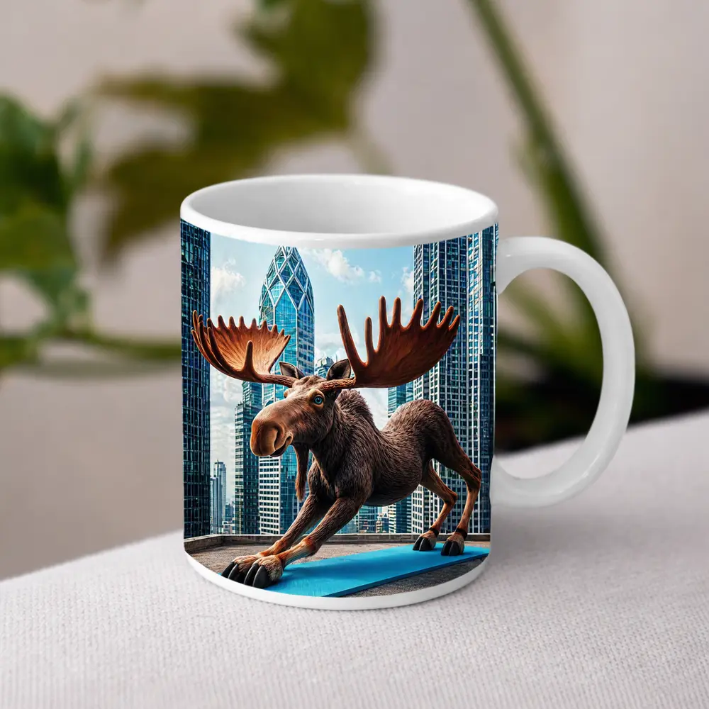 Moose Doing Yoga City Skyscraper Background – Mugs