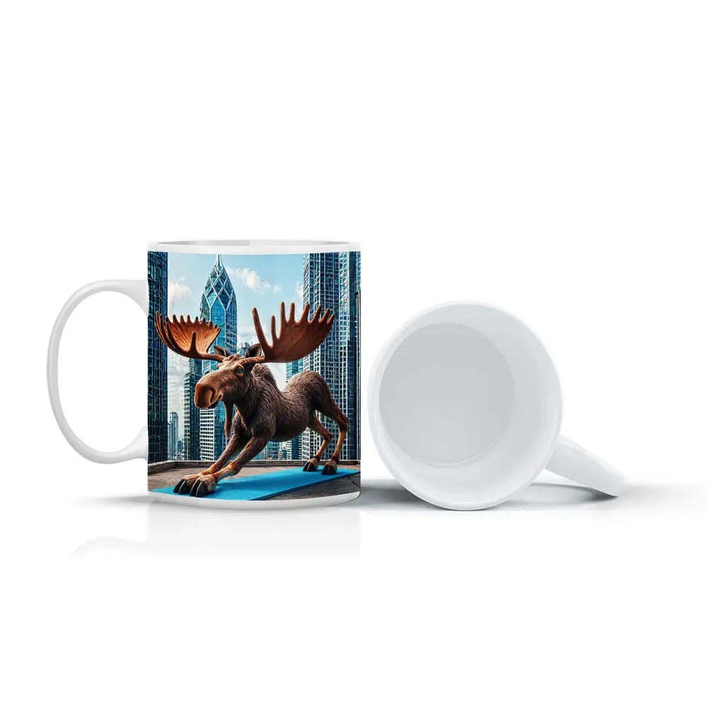 Moose Doing Yoga City Skyscraper Background – Mugs