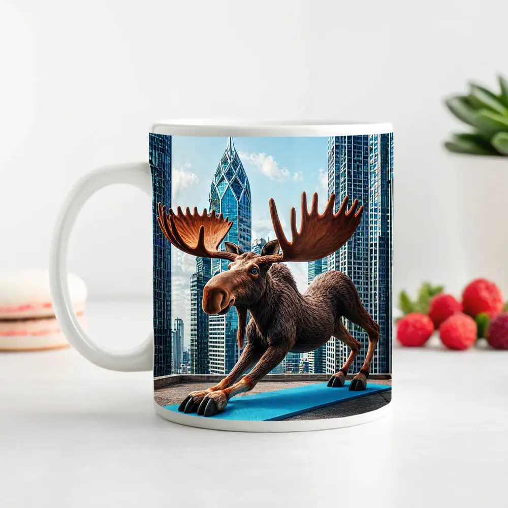 Moose Doing Yoga City Skyscraper Background – Mugs
