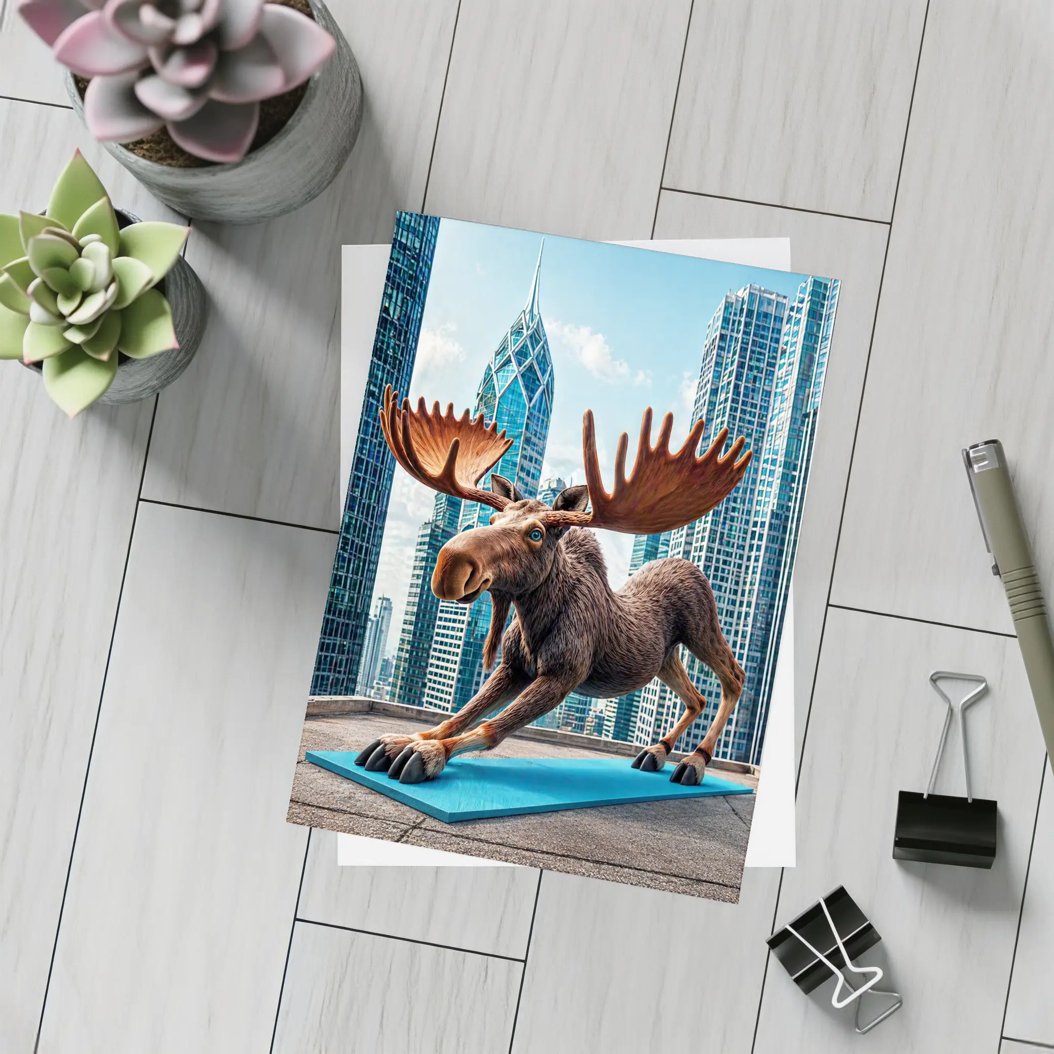 Moose Doing Yoga City Skyscraper Background – Postcards