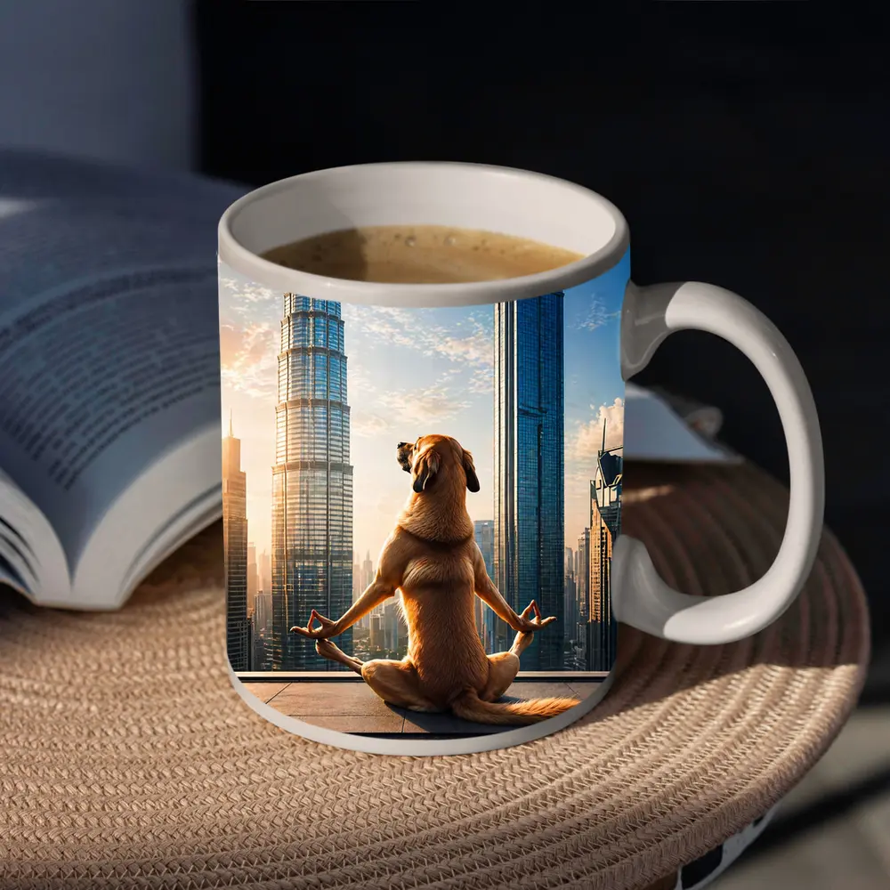 Meditating Dog Yoga City Skyline – Mugs