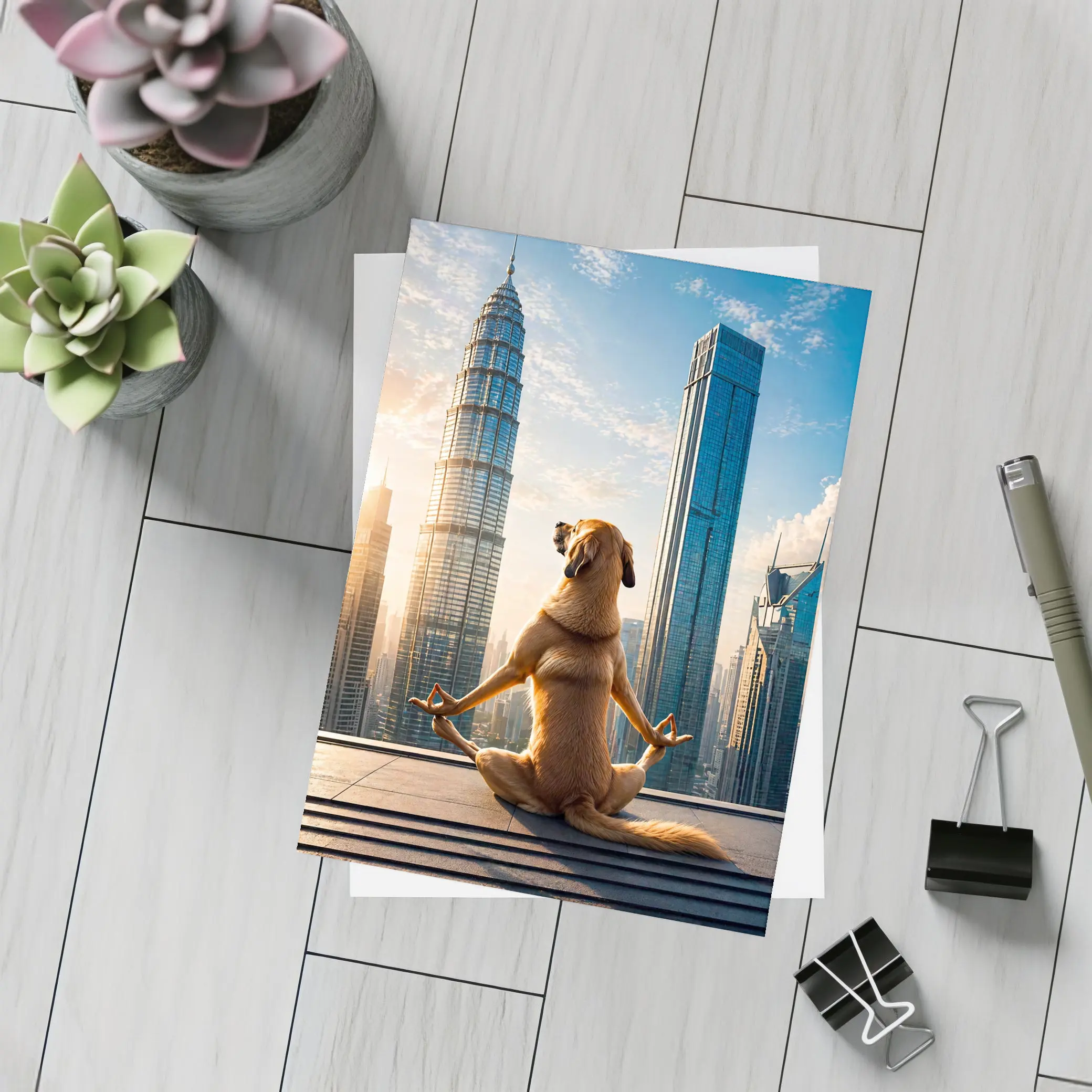 Meditating Dog Yoga City Skyline – Postcards