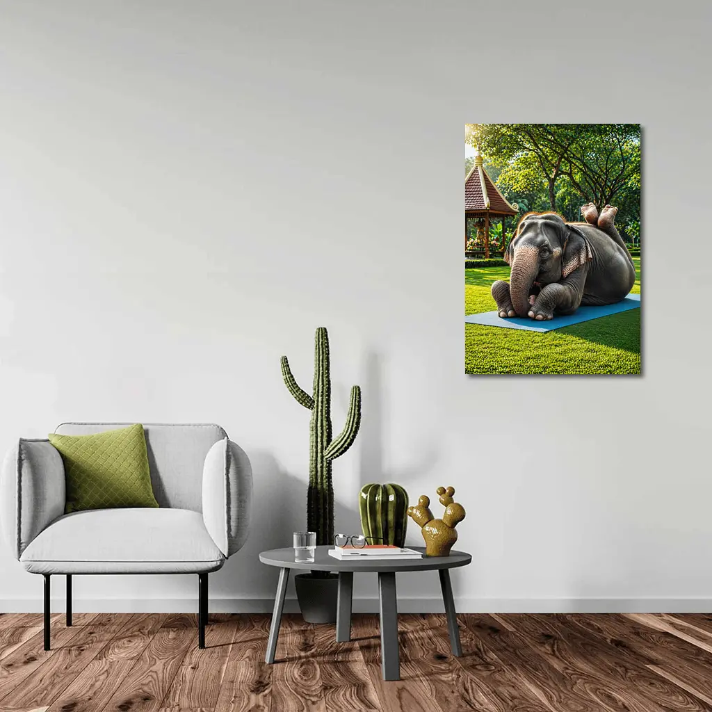 Elephant Doing Yoga On Green Park Mat – Wall Art