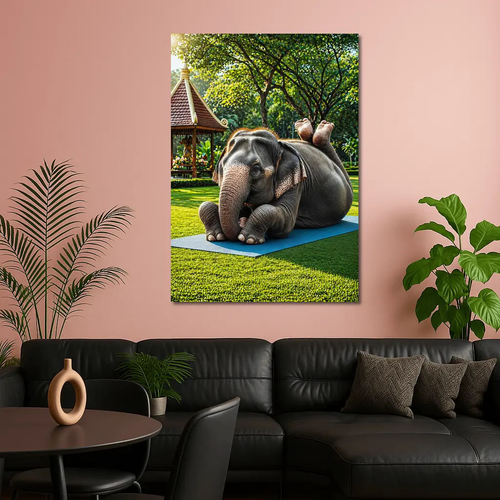 Elephant Doing Yoga On Green Park Mat – Wall Art
