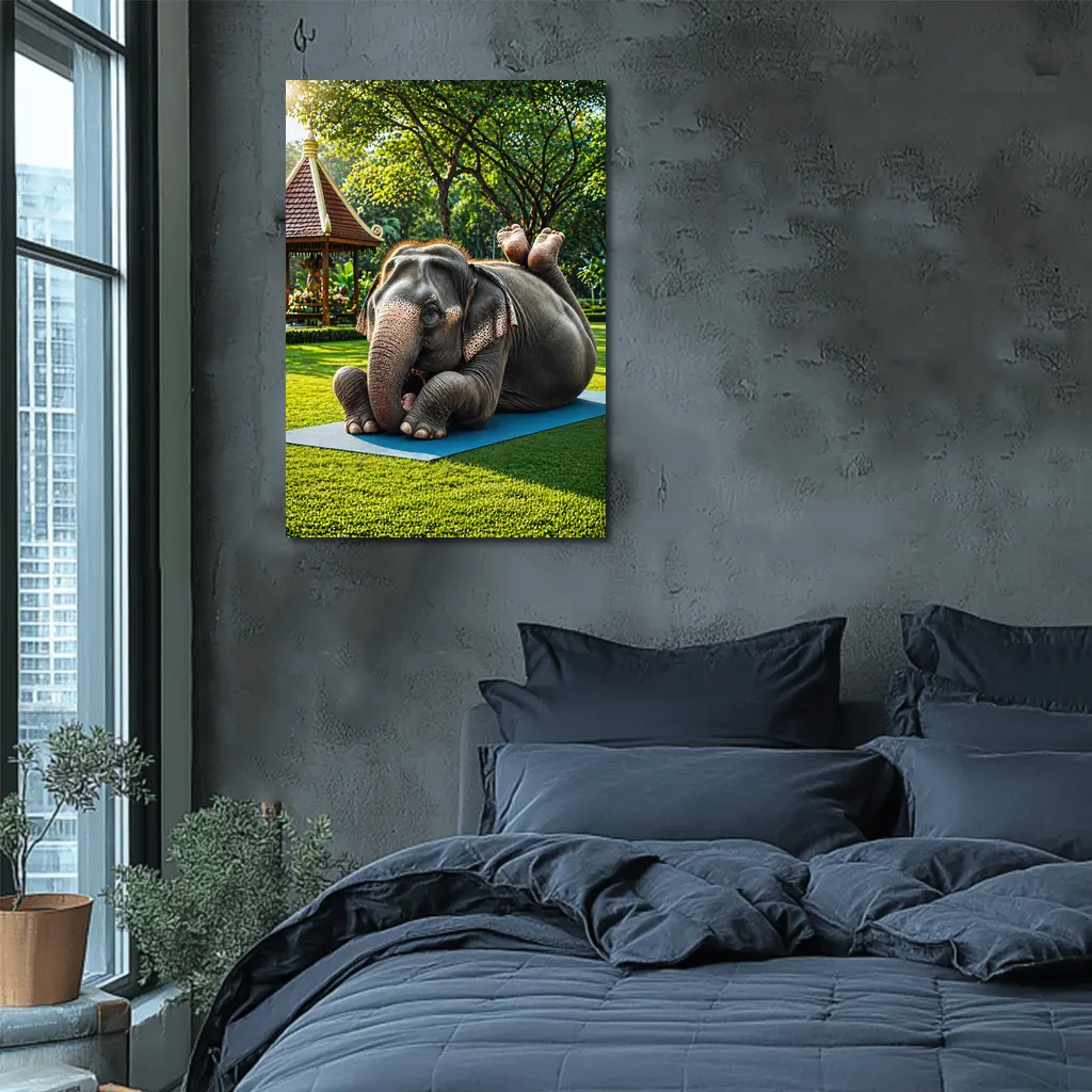 Elephant Doing Yoga On Green Park Mat – Wall Art