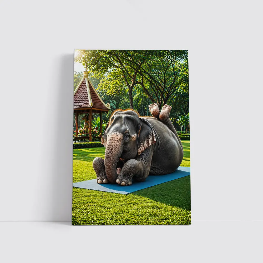 Elephant Doing Yoga On Green Park Mat – Wall Art