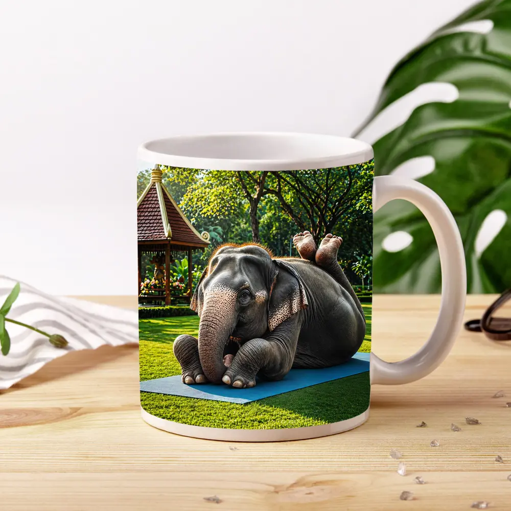 Elephant Doing Yoga On Green Park Mat – Mugs