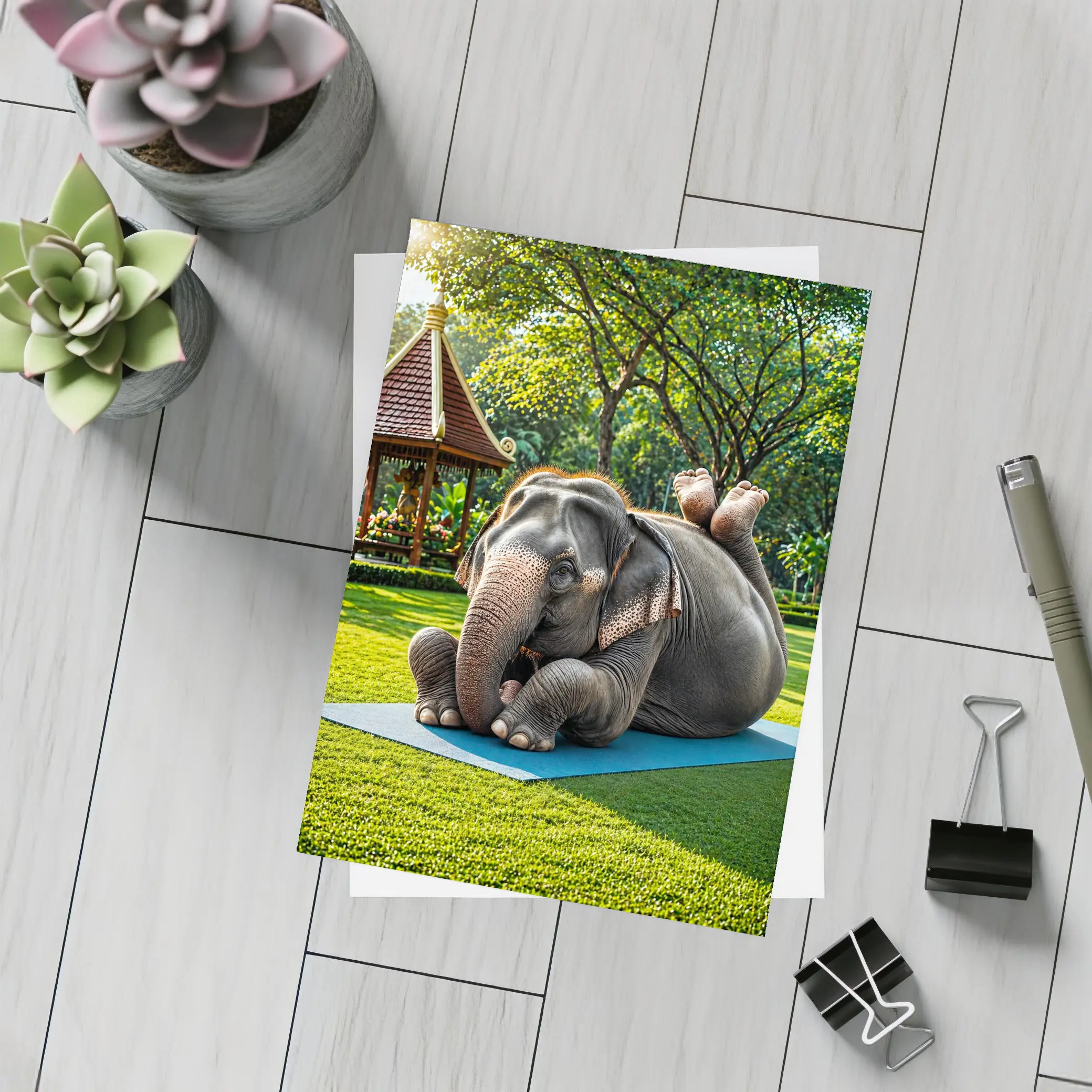 Elephant Doing Yoga On Green Park Mat – Postcards