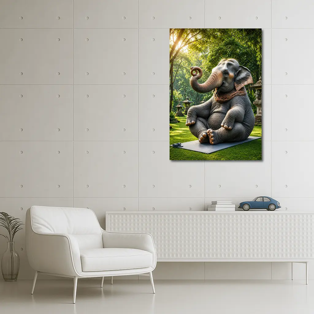 Elephant Doing Yoga In Garden – Wall Art