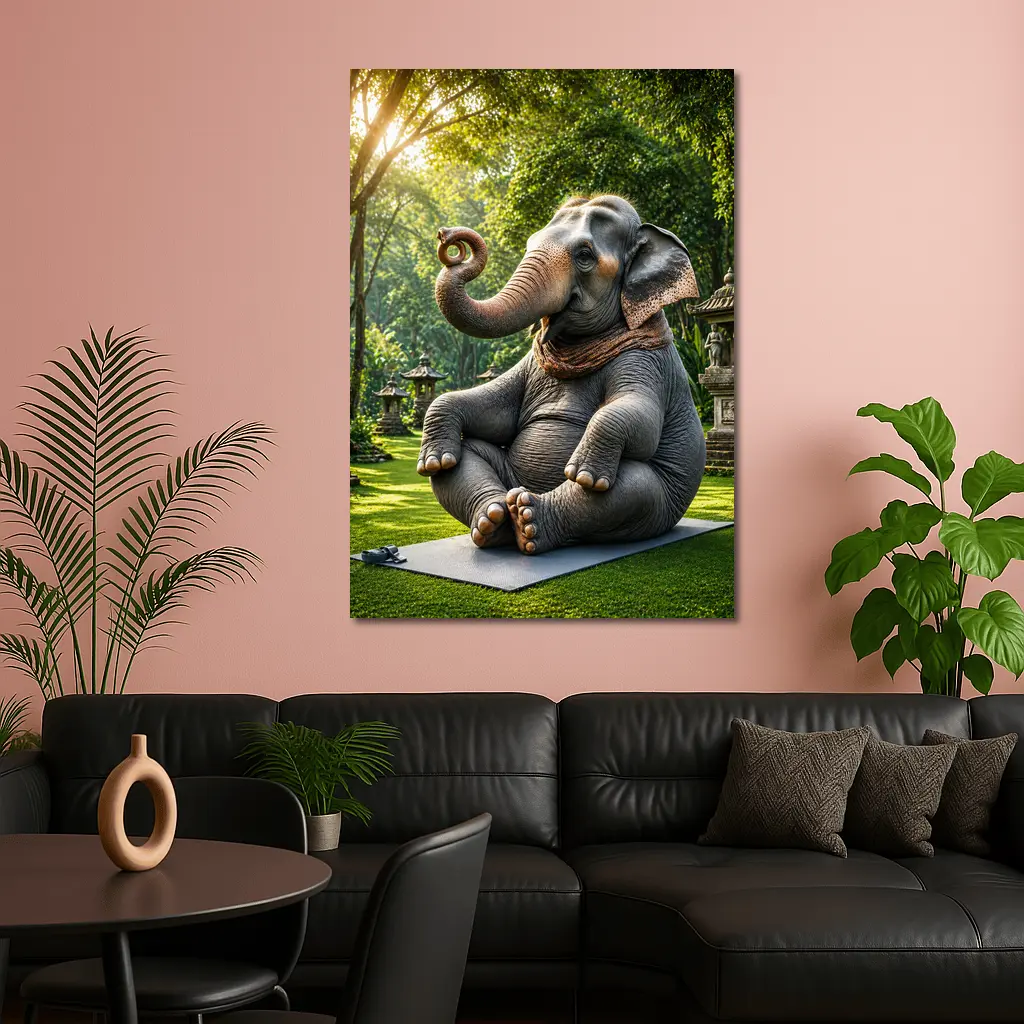 Elephant Doing Yoga In Garden – Wall Art