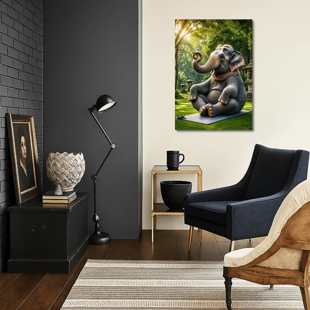 Elephant Doing Yoga In Garden – Wall Art
