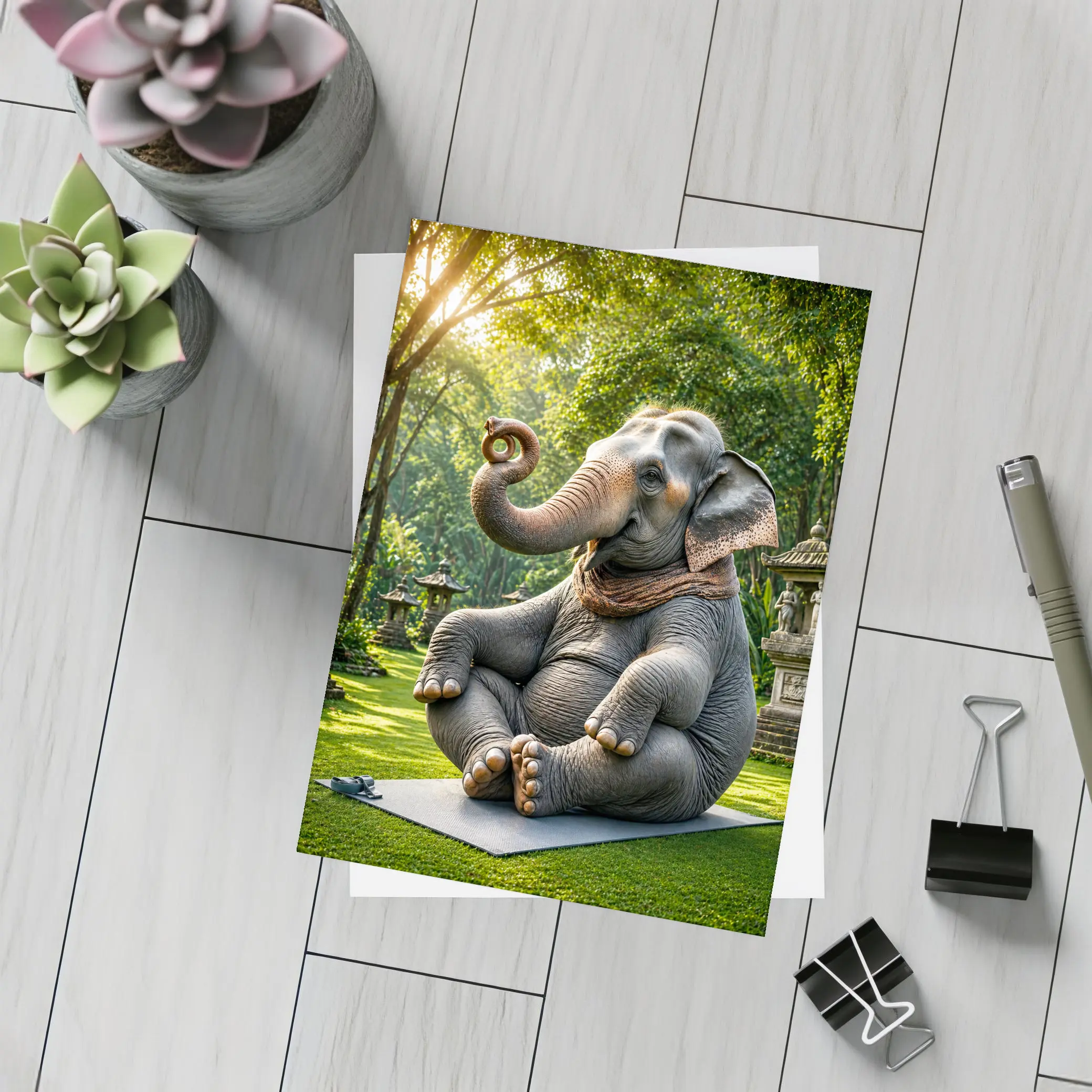 Elephant Doing Yoga In Garden – Postcards