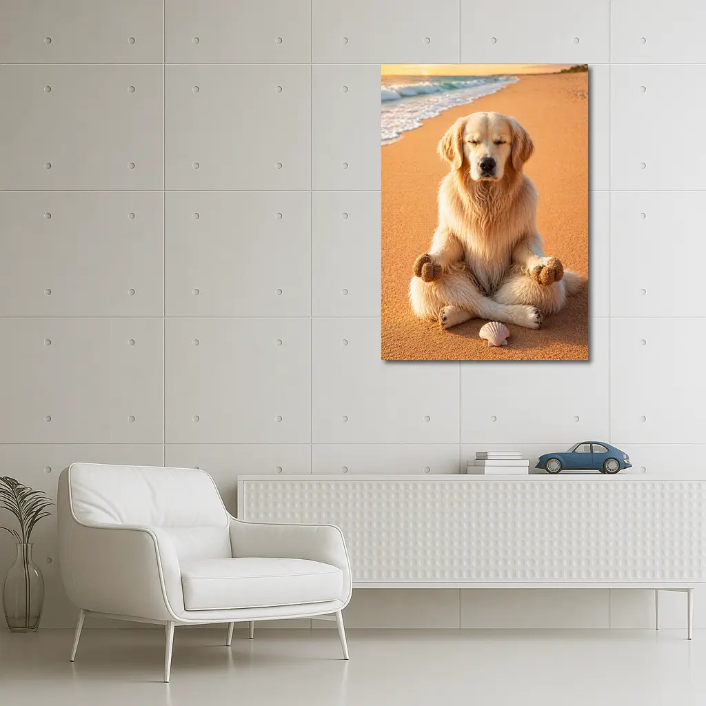 Golden Retriever Meditating on Sunny Beach – Wall Art