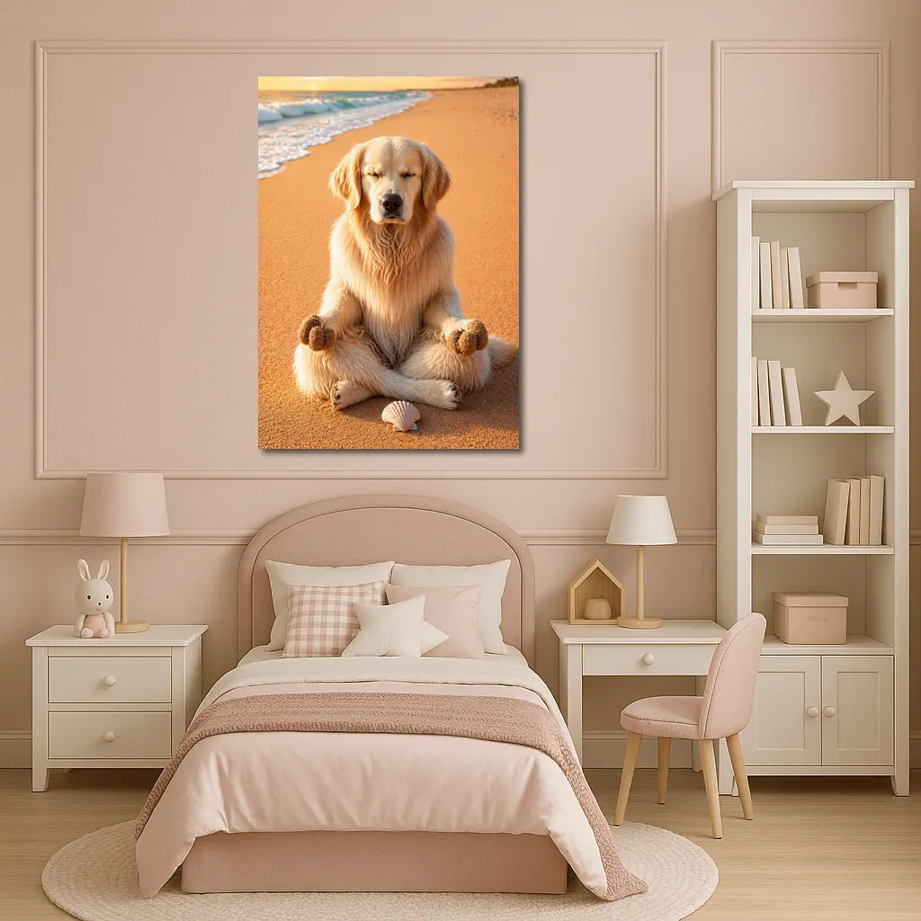 Golden Retriever Meditating on Sunny Beach – Wall Art