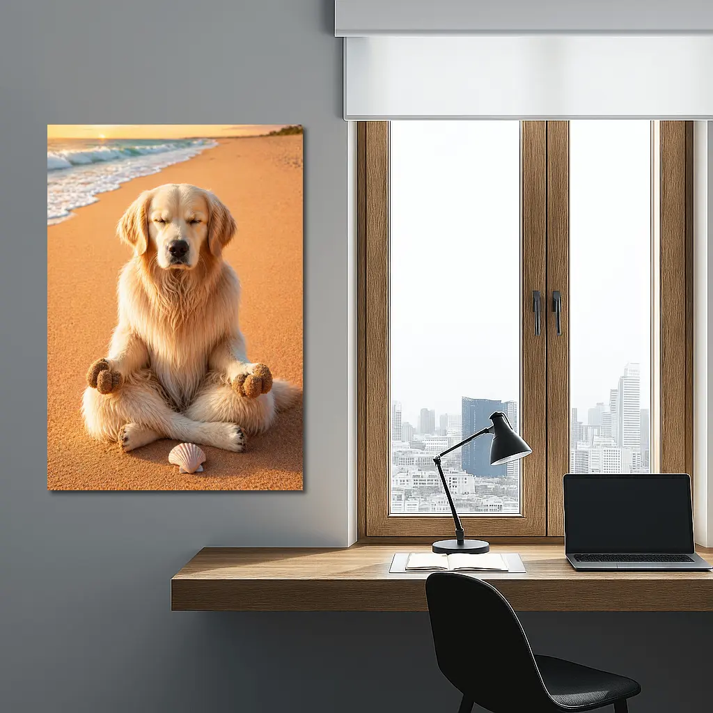 Golden Retriever Meditating on Sunny Beach – Wall Art