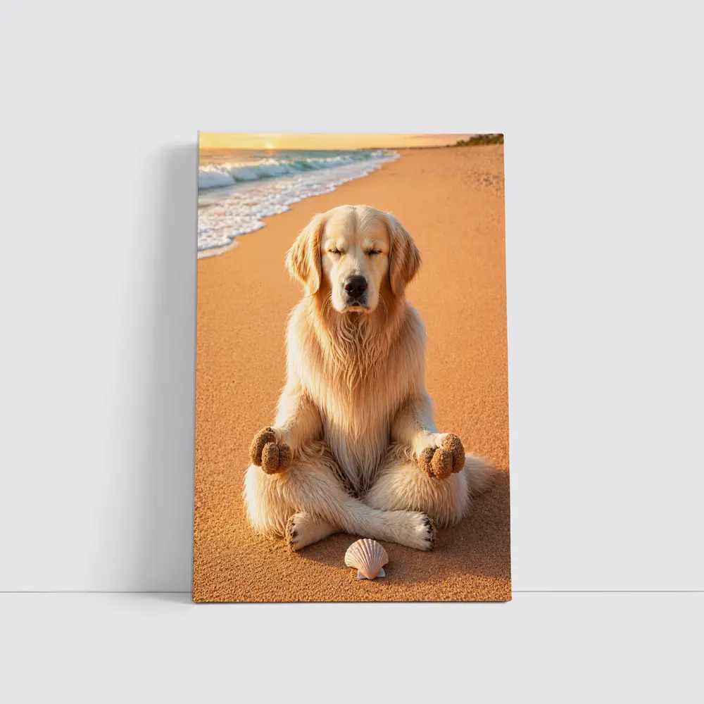 Golden Retriever Meditating on Sunny Beach – Wall Art