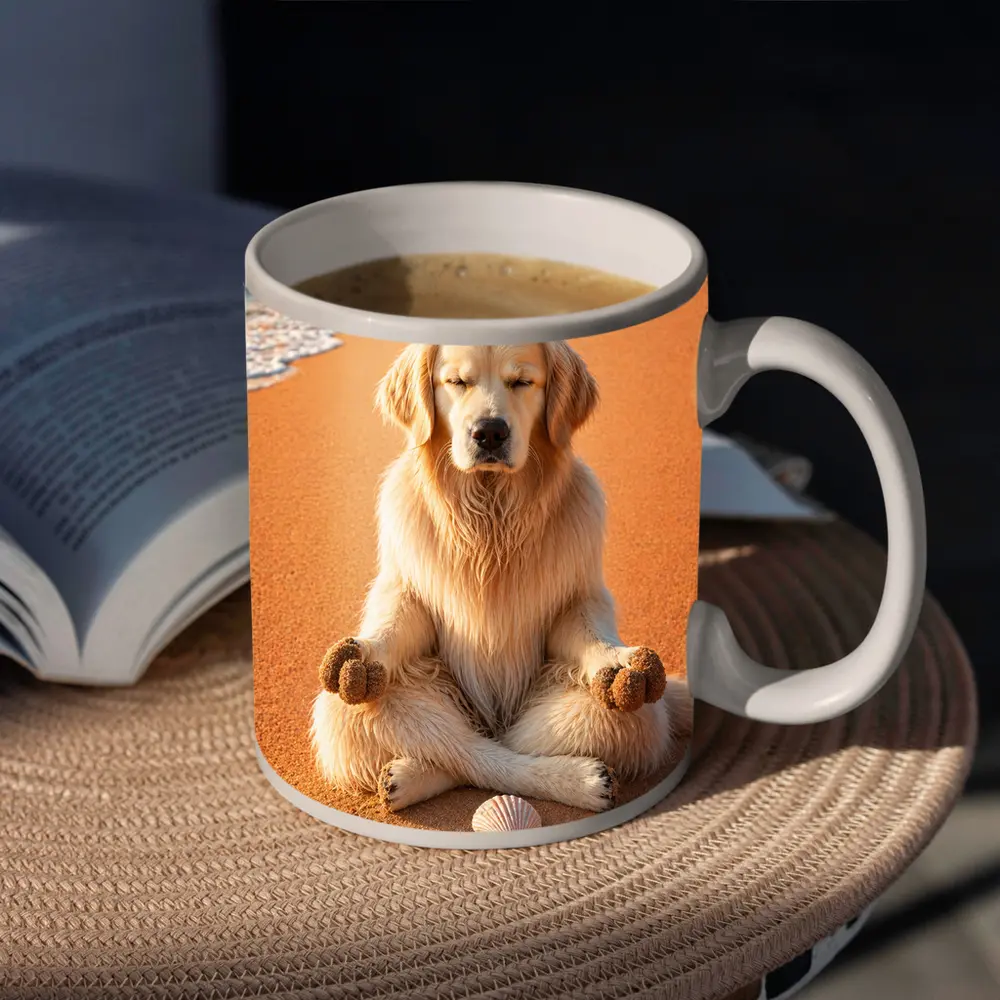 Golden Retriever Meditating on Sunny Beach – Mugs
