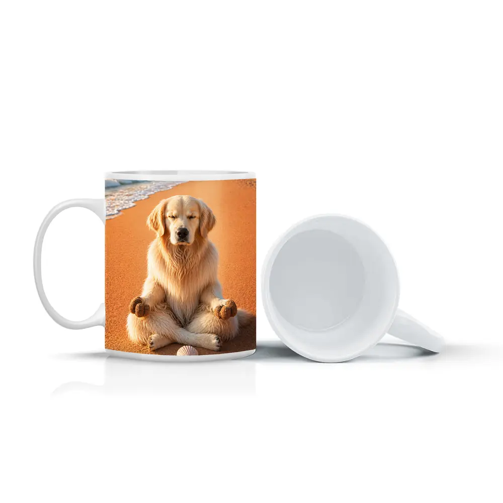 Golden Retriever Meditating on Sunny Beach – Mugs