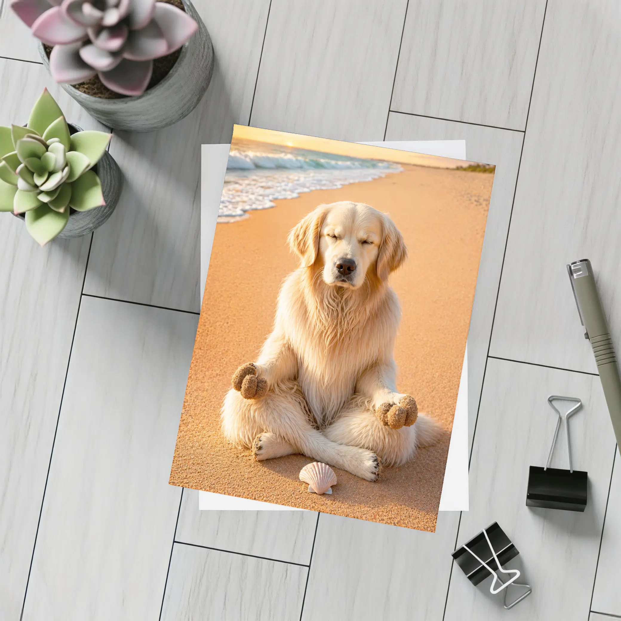 Golden Retriever Meditating on Sunny Beach – Postcards