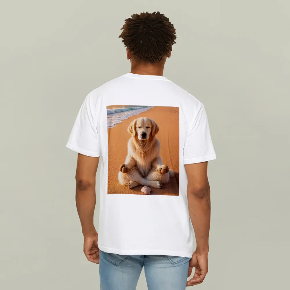 Golden Retriever Meditating on Sunny Beach – T-Shirts