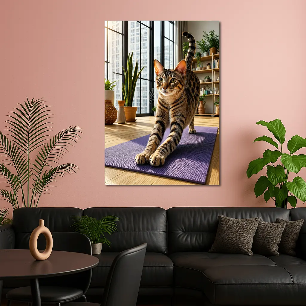Egyptian Mau Cat Stretching on Yoga Mat – Wall Art