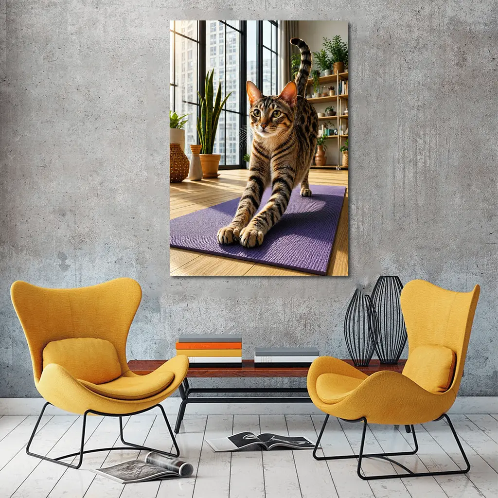 Egyptian Mau Cat Stretching on Yoga Mat – Wall Art