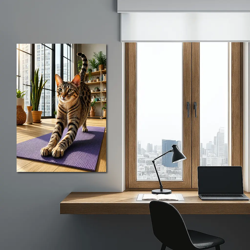 Egyptian Mau Cat Stretching on Yoga Mat – Wall Art