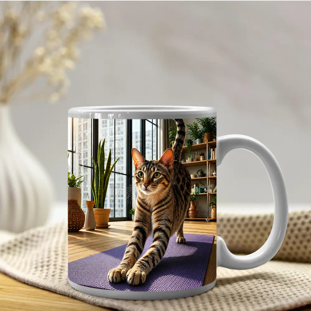 Egyptian Mau Cat Stretching on Yoga Mat – Mugs
