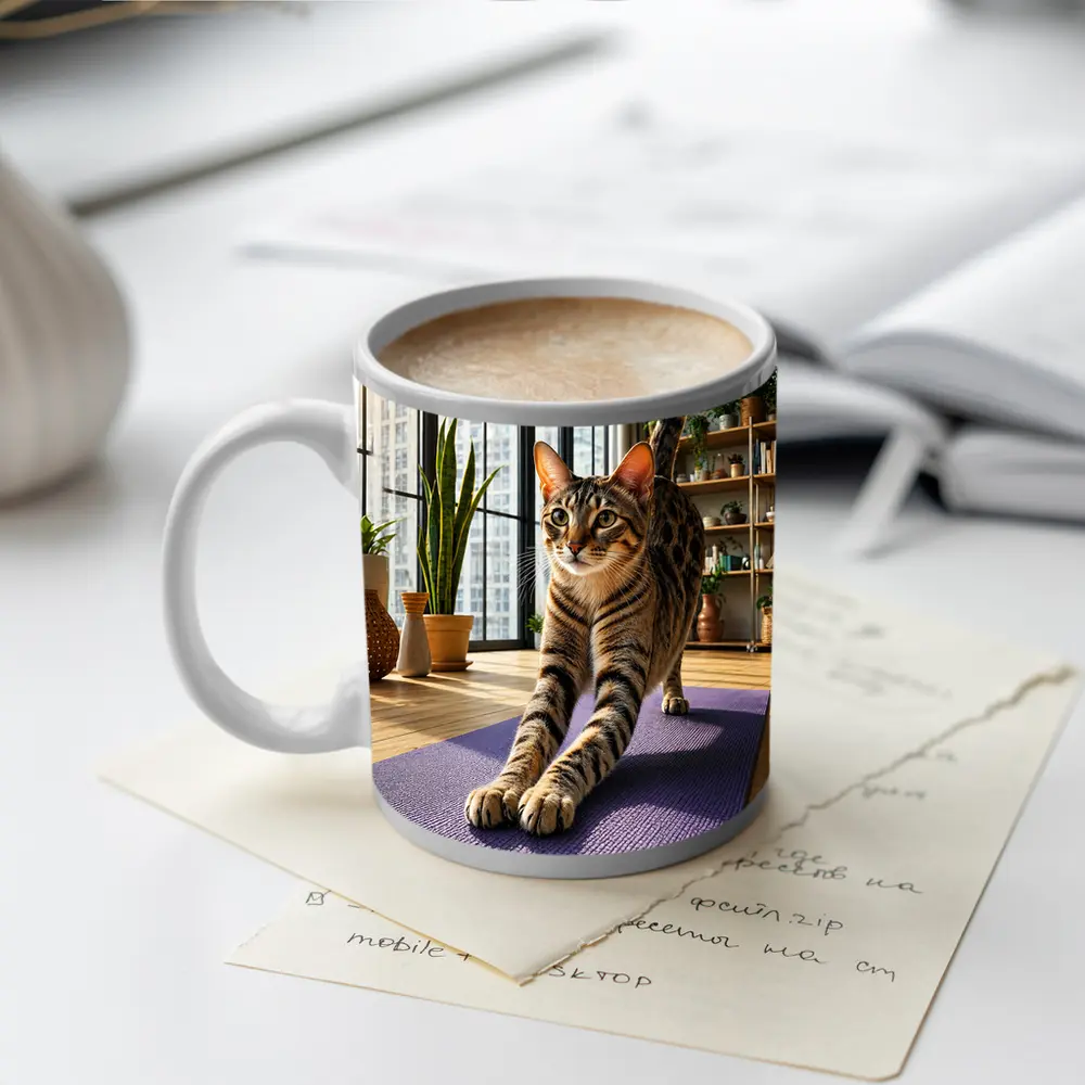 Egyptian Mau Cat Stretching on Yoga Mat – Mugs