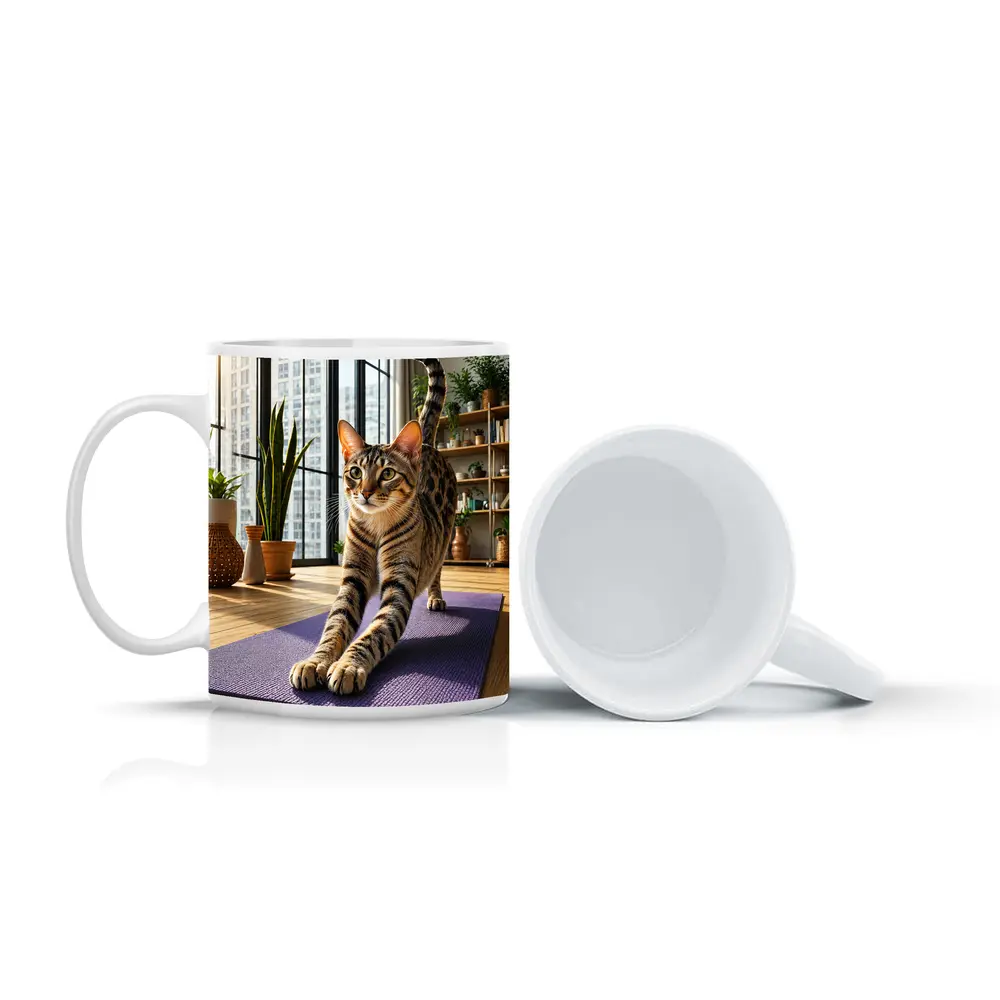 Egyptian Mau Cat Stretching on Yoga Mat – Mugs