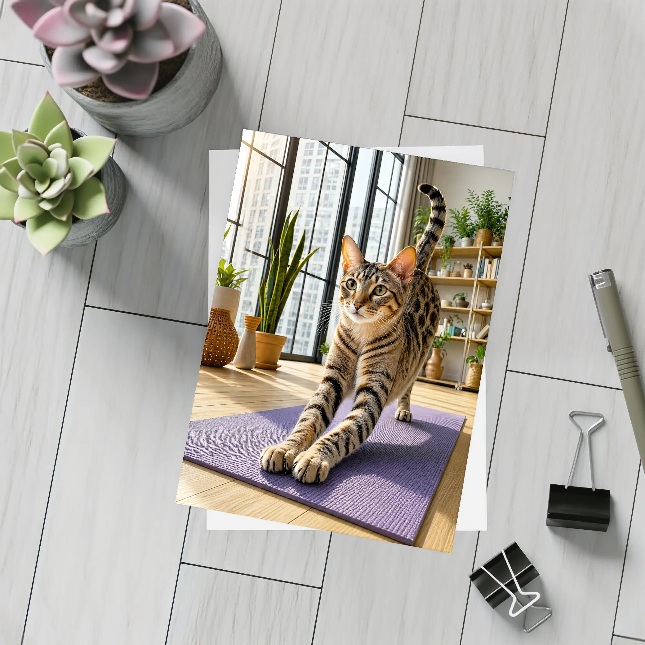 Egyptian Mau Cat Stretching on Yoga Mat – Postcards