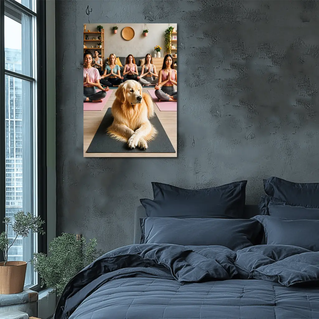 Golden Retriever Meditating With Women Yoga Studio – Wall Art