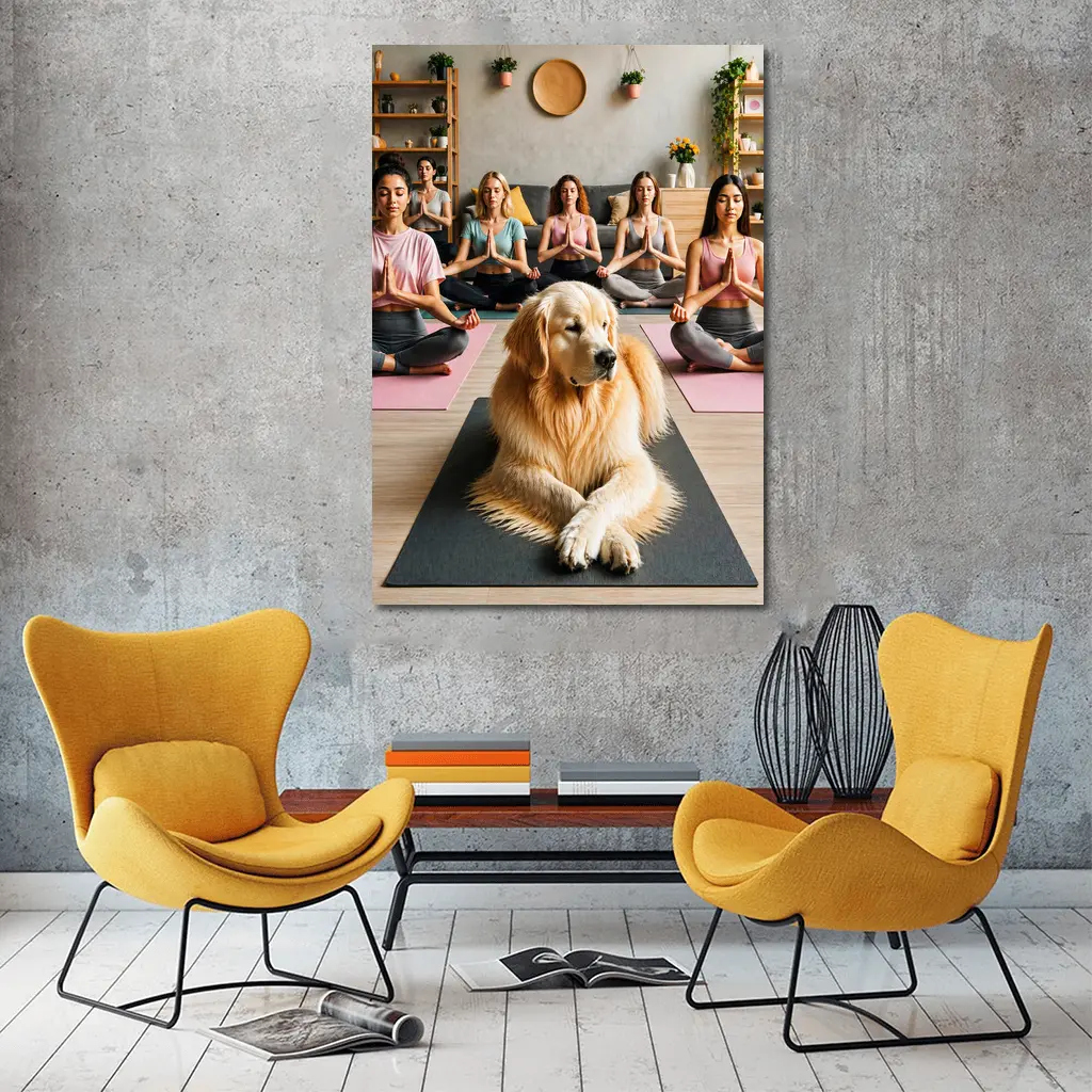Golden Retriever Meditating With Women Yoga Studio – Wall Art