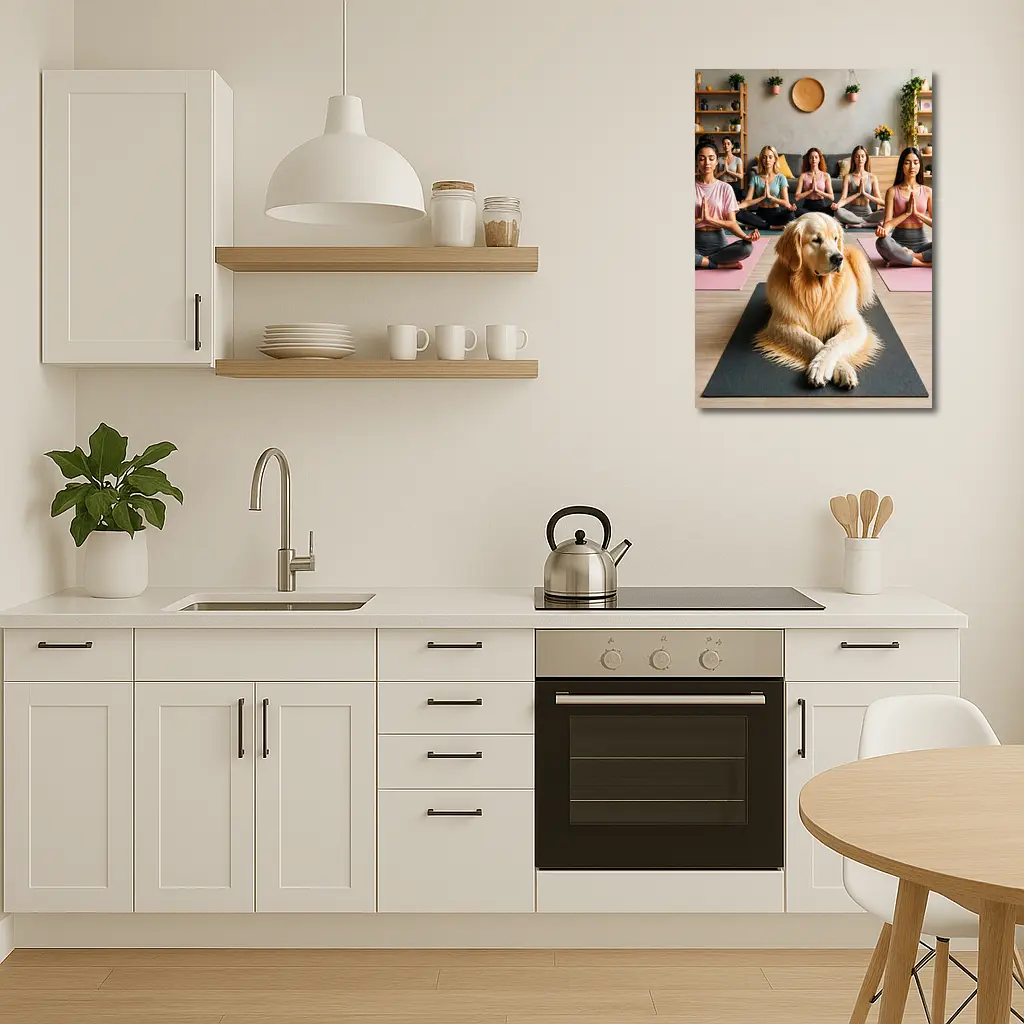 Golden Retriever Meditating With Women Yoga Studio – Wall Art