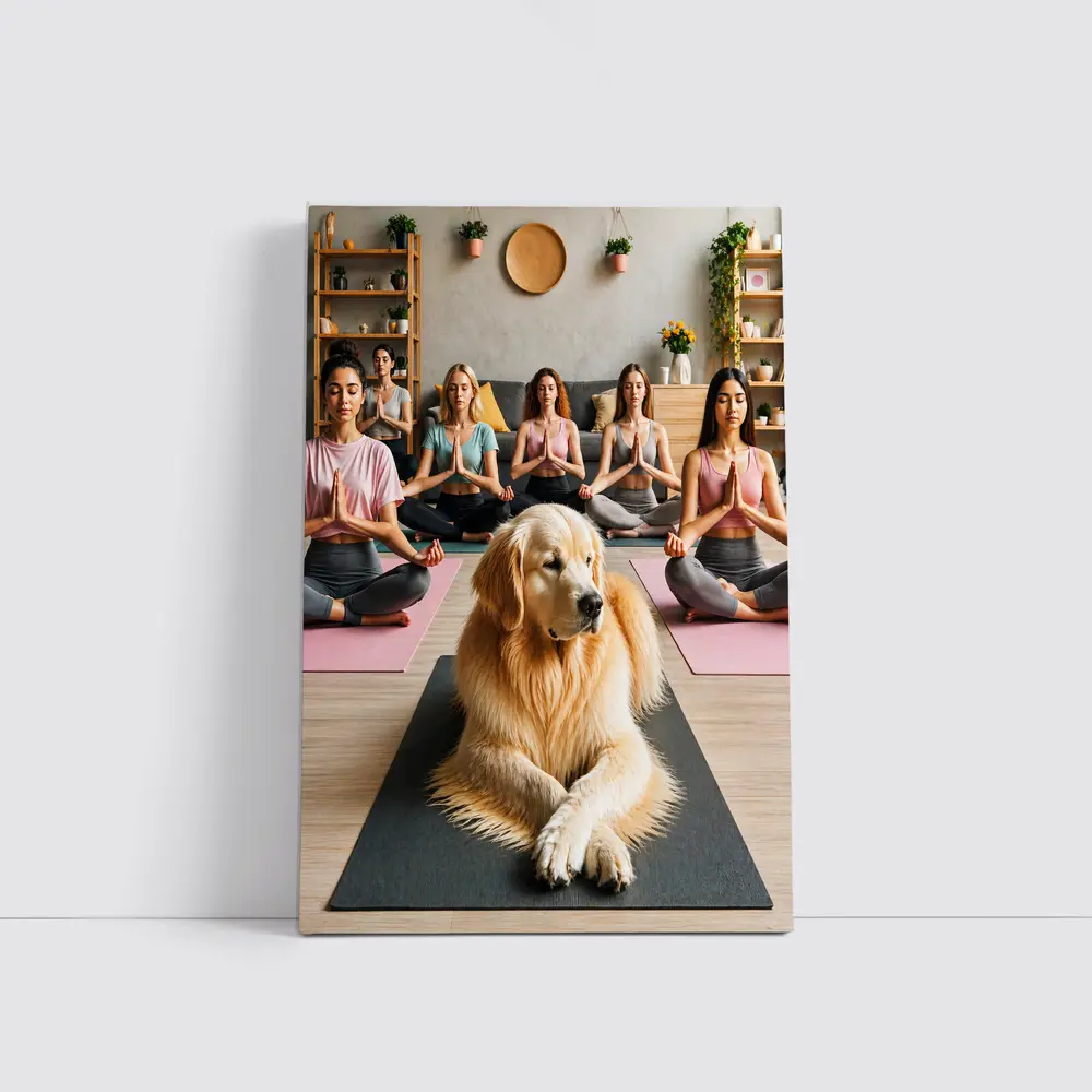 Golden Retriever Meditating With Women Yoga Studio – Wall Art