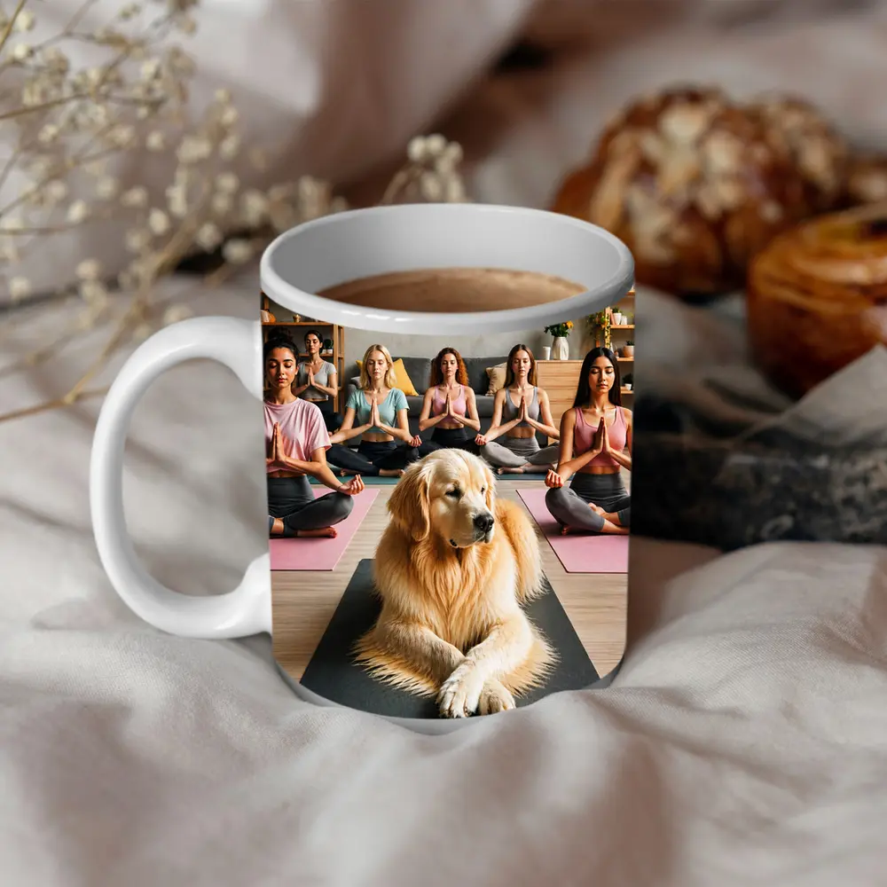 Golden Retriever Meditating With Women Yoga Studio – Mugs