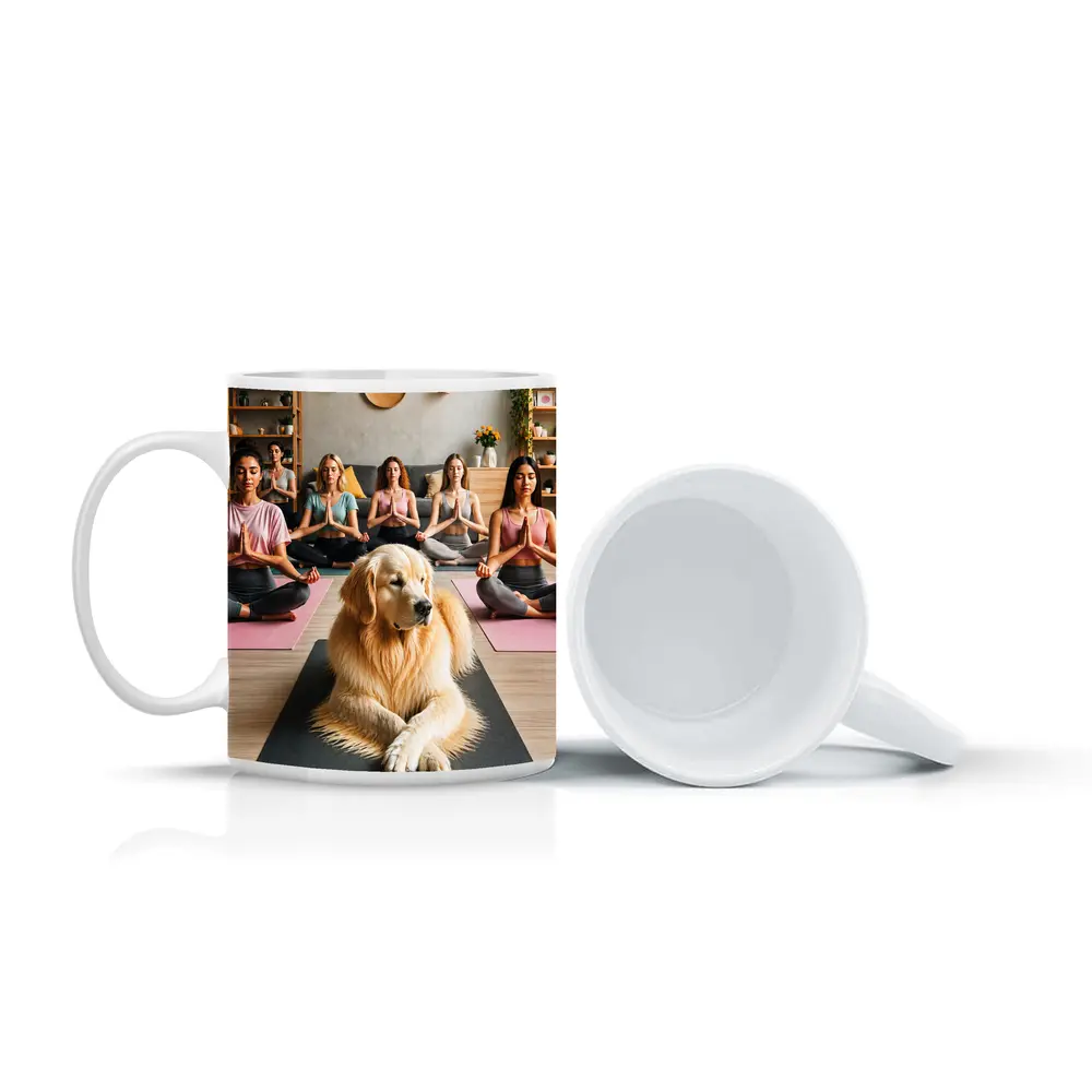 Golden Retriever Meditating With Women Yoga Studio – Mugs