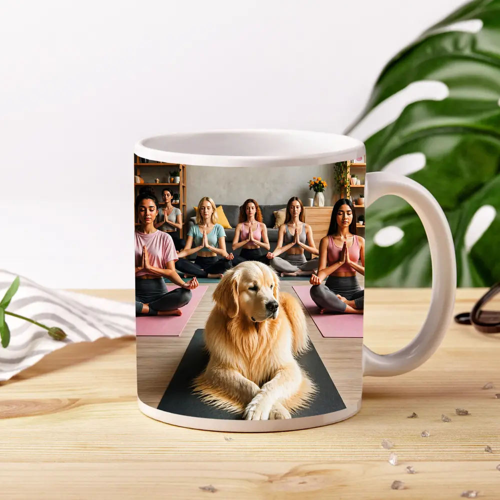 Golden Retriever Meditating With Women Yoga Studio – Mugs